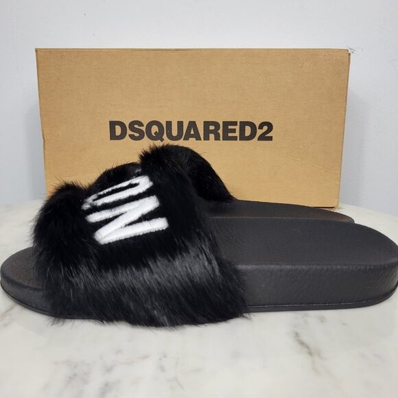NWB~$825~DSQUARED2~8/8.5~ICON BLACK WHITE GENUINE RABBIT FUR SANDALS SLIDES - Picture 10 of 16